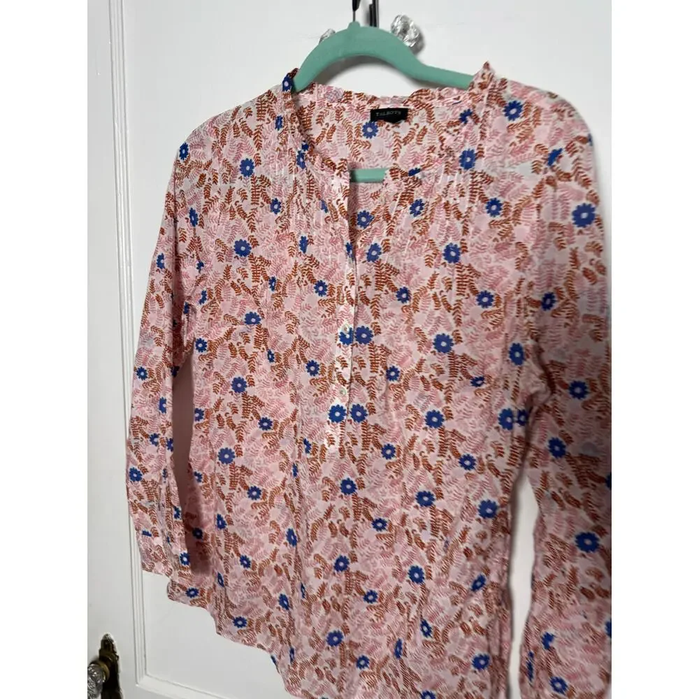 Talbots Orange Blue Floral Ruffle Spring Poplin Popover Blouse Women's Medium - Picture 2 of 8